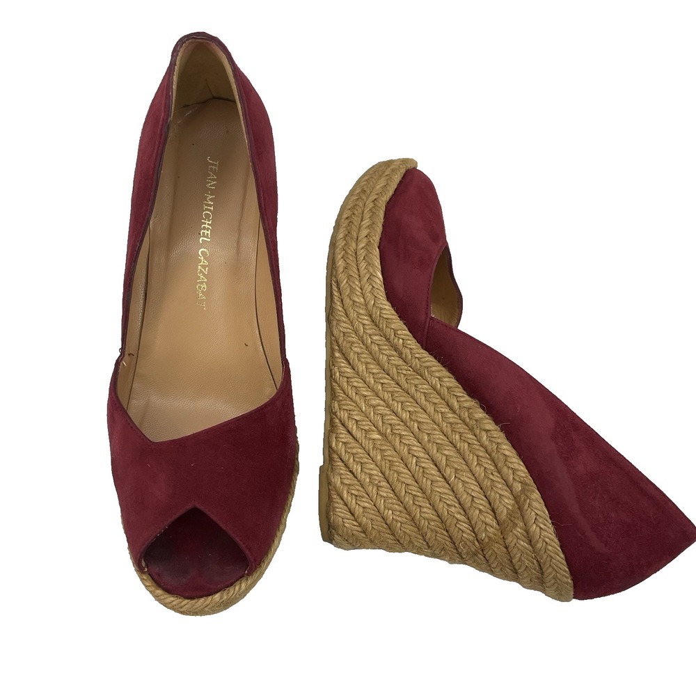 Jean‎ Michel Cazabat Size 7 Maroon High Heels Wedge Peep Toe Slip On Shoes Suede